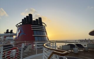 Disney Wish funnel at sunrise for the 2027 and 2028 Disney Cruise Line itineraries