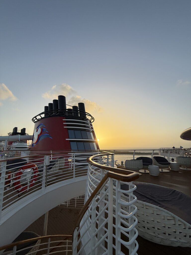 Disney Wish funnel at sunrise for the 2027 and 2028 Disney Cruise Line itineraries