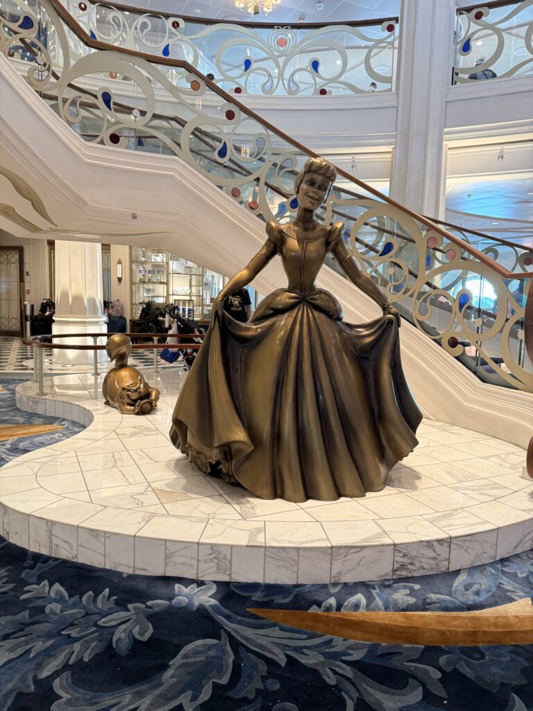 Cinderella statue in the Grand Hall aboard the Disney Wish